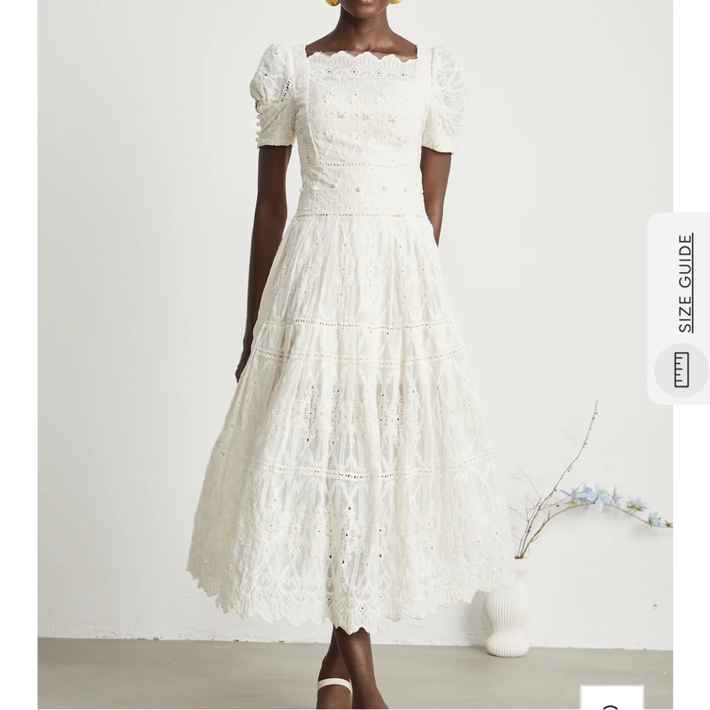 Chic Ivory Pearl Lace Midi Dress